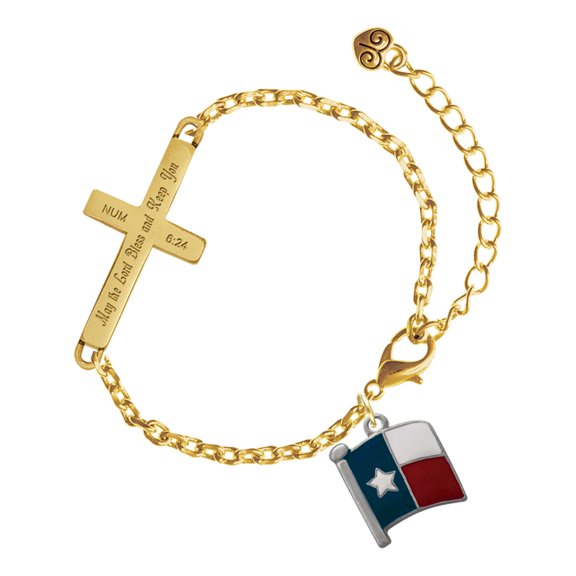 Delight Jewelry Silver-tone Texas Flag - Lone Star - Gold Tone Numbers 6:24 May the Lord Bless You Engraved Cross Charm Bracelet, 6.5+1.5" Extender