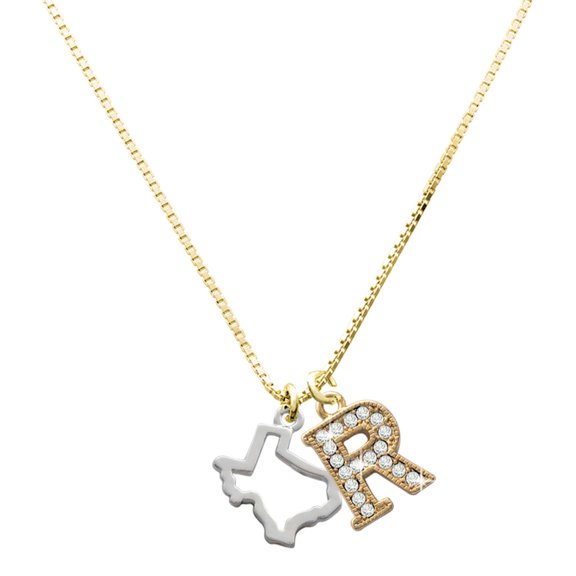 Delight Jewelry Silver-tone Texas Outline - Large Goldtone Crystal Initial - R - Charm Necklace, 17.5"+2"