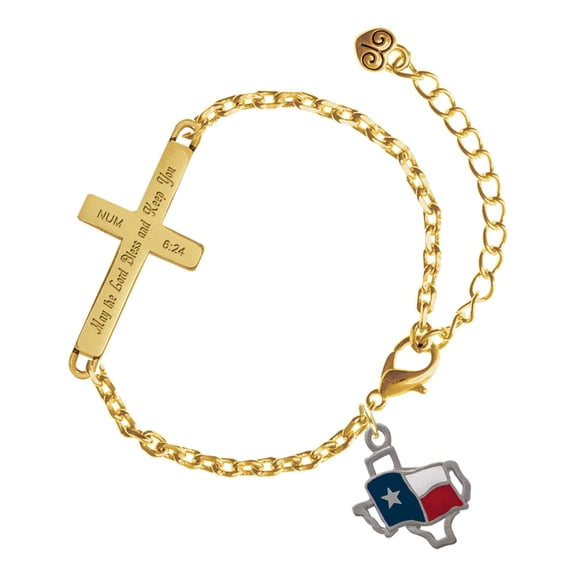 Delight Jewelry Silver-tone Texas Outline with Flag - Gold Tone Numbers 6:24 May the Lord Bless You Engraved Cross Charm Bracelet, 6.5+1.5" Extender