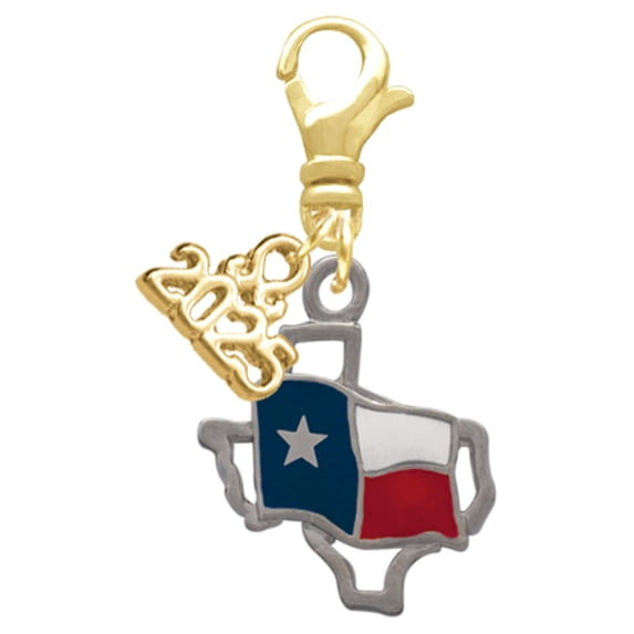 Delight Jewelry Silver-tone Texas Outline with Flag - Gold-tone Clip on Charm with Mini Year 2025