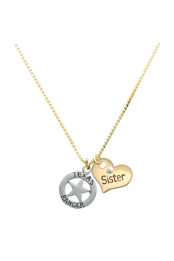 Silver-tone Texas Ranger Badge - Large Goldtone Sister Heart Charm Necklace, 17.5"+2" Extender