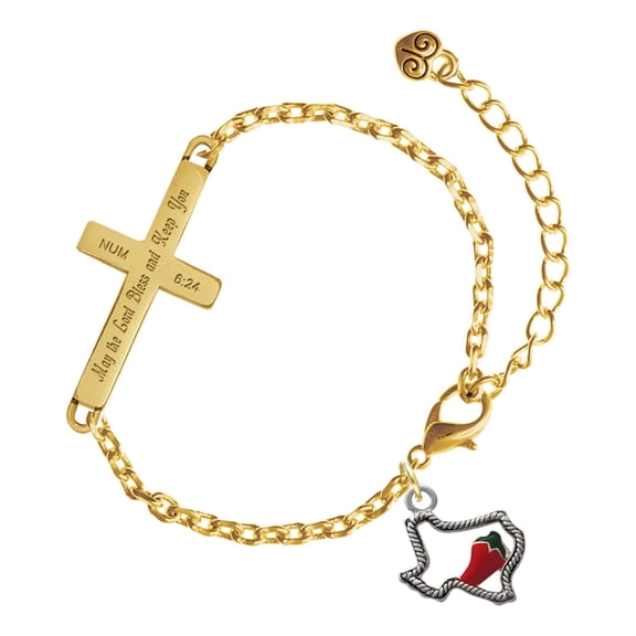 Delight Jewelry Silver-tone Texas with Jalapeno - Gold Tone Numbers 6:24 May the Lord Bless You Engraved Cross Charm Bracelet, 6.5+1.5" Extender.