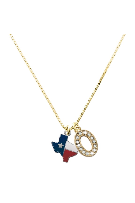 Large Goldtone Crystal Initial Necklace, featuring Silver Tone Texas with Rope Border Charm, 17.5"+2", O