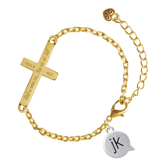Delight Jewelry Silver-tone Text Chat - jk - Just Kidding - Gold Tone Psalm 46:5 She will not fall Engraved Cross Charm Bracelet, 6.5+1.5" Extender