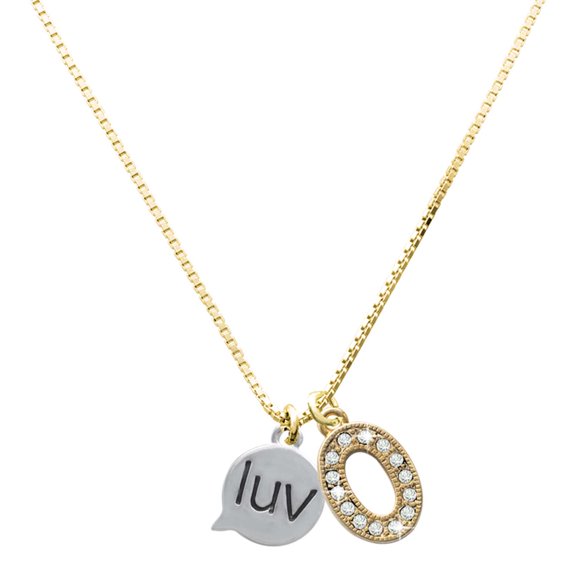 Delight Jewelry Large Goldtone Crystal Initial Necklace, featuring Silver Tone Text Chat - luv - Love Charm, 17.5"+2", O