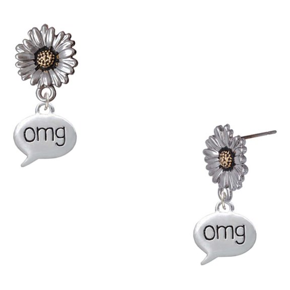 Delight Jewelry Silver-tone Text Chat - omg - Oh My God - Two-tone Daisy Flower Post Earrings