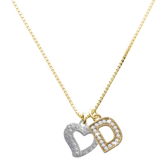Delight Jewelry Silver-tone Textured Open Heart with a Large Goldtone Crystal Initial - D - Charm Necklace, 17.5"+2"