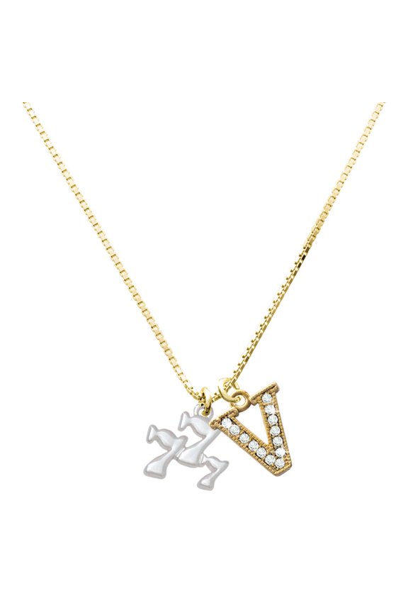 Silver-tone Three Lucky 7s - Large Goldtone Crystal Initial - V - Charm Necklace, 17.5"+2"