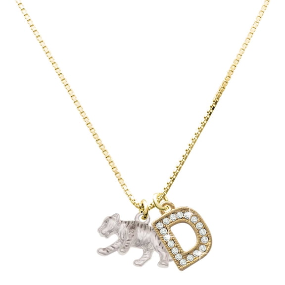 Delight Jewelry Silver-tone Tiger Cub with a Large Goldtone Crystal Initial - D - Charm Necklace, 17.5"+2"