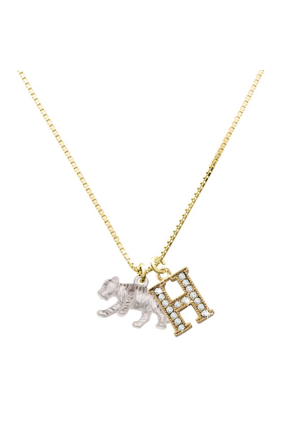 Silver-tone Tiger Cub - Large Goldtone Crystal Initial - H - Charm Necklace, 17.5"+2"