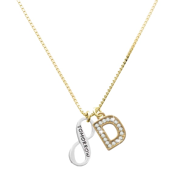 Delight Jewelry Silver-tone Today Tomorrow Infinity Sign - Large Goldtone Crystal Initial - D - Charm Necklace, 17.5"+2"