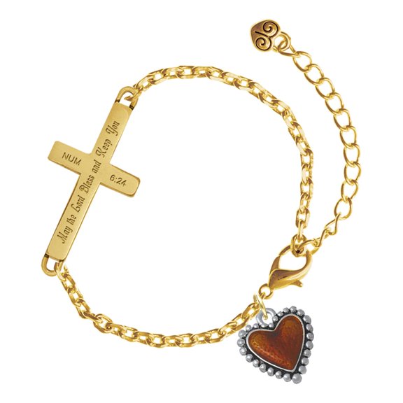 Delight Jewelry Silver-tone Translucent Brown Heart with Beaded Border - Gold Tone Numbers 6:24 May the Lord Bless You Engraved Cross Charm Bracelet, 6.5+1.5" Extender