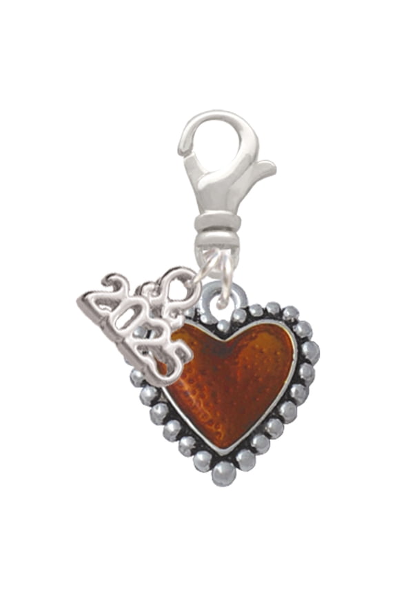 Silver-tone Translucent Brown Heart with Beaded Border - Silver-tone Clip on Charm with Mini Year 2025