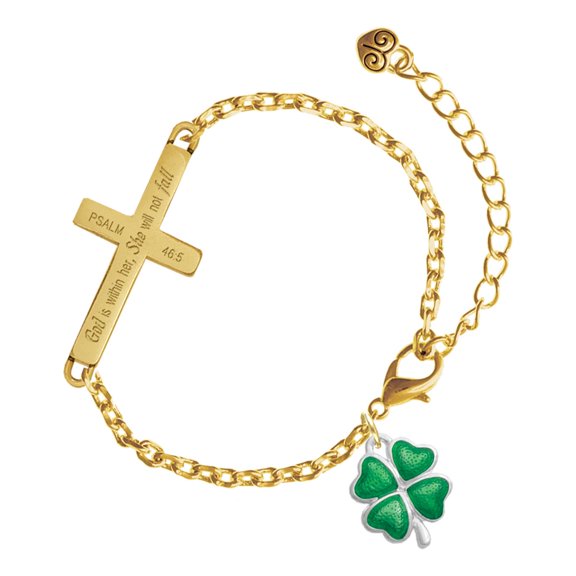Delight Jewelry Silver-tone Translucent Green Lucky Four Leaf Clover - Gold Tone Psalm 46:5 She will not fall Engraved Cross Charm Bracelet, 6.5+1.5" Extender