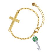 Delight Jewelry Silver-tone Translucent Green Lucky Four Leaf Clover Key - Gold Tone Philipians 413 I Do All Things Through Christ Engraved Cross Charm Bracelet, 6.5+1.5" Extender