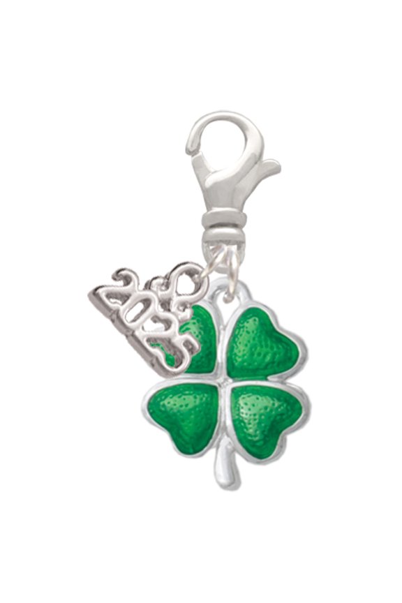 Silver-tone Translucent Green Lucky Four Leaf Clover - Silver-tone Clip on Charm with Mini Year 2025