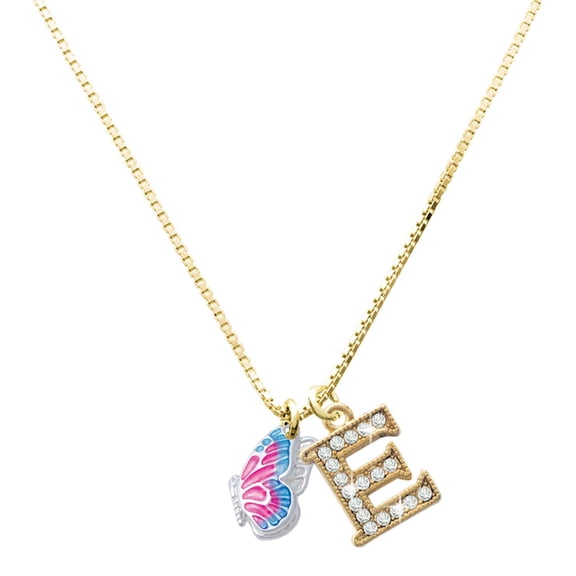 Delight Jewelry Silver-tone Translucent Hot Pink & Blue Flying Butterfly with Large Goldtone Crystal Initial E Charm Necklace, 17.5"+2"