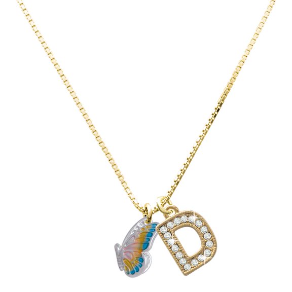 Delight Jewelry Silver-tone Translucent Pastel Flying Butterfly with a Large Goldtone Crystal Initial - D - Charm Necklace, 17.5"+2"