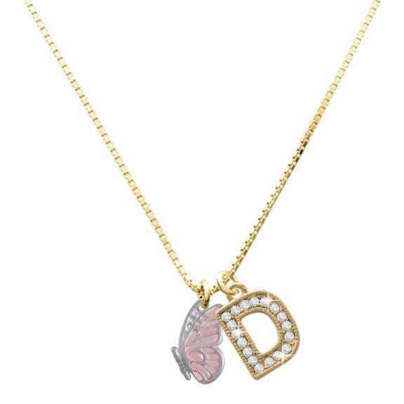 Delight Jewelry Silver-tone Translucent Pink Flying Butterfly - Large Goldtone Crystal Initial - D - Charm Necklace, 17.5"+2"