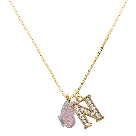 Delight Jewelry Silver-tone Translucent Pink Flying Butterfly - Large Goldtone Crystal Initial - N - Charm Necklace, 17.5"+2"