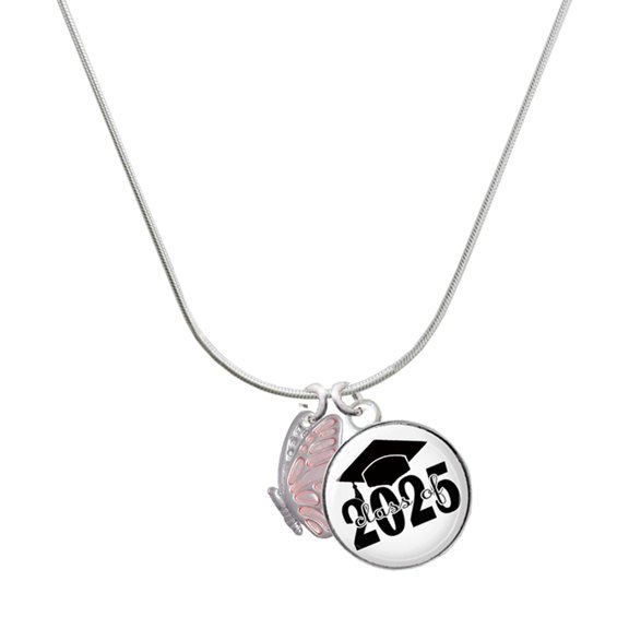 Delight Jewelry Silver-tone Translucent Pink Flying Butterfly - Script Class of 2025 Dome Charm Necklace, 18"