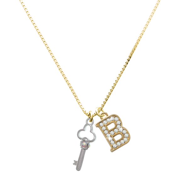 Delight Jewelry Silver-tone Trefoil Key with AB Crystals - Large Goldtone Crystal Initial - B - Charm Necklace, 17.5"+2"