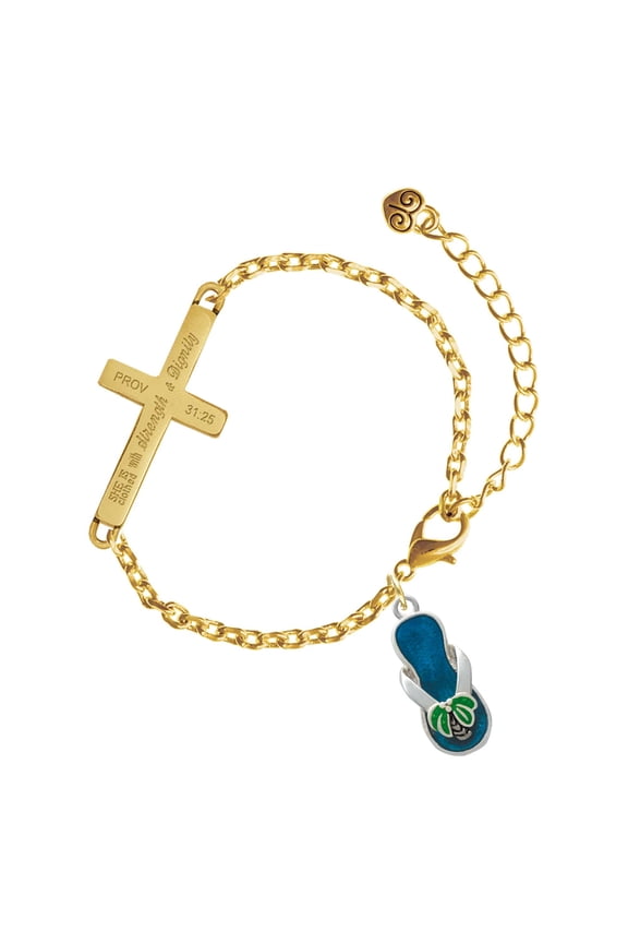 Silver-tone Tropical Blue Flip Flop with Palm Tree - Gold Tone Proverbs 31:25 She is Clothed with Strength and Dignity Engraved Cross Charm Bracelet, 6.5+1.5" Extender
