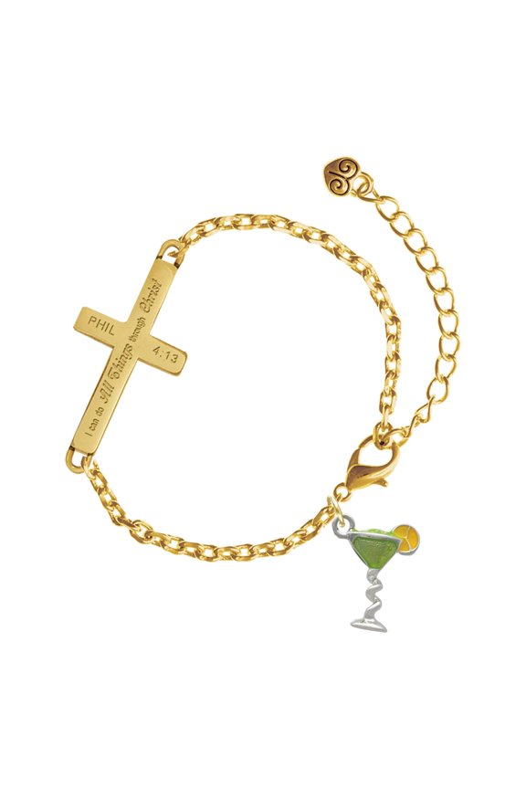 Silver-tone Tropical Drink - Lime Green - Gold Tone Philipians 4:13 I Do All Things Through Christ Engraved Cross Charm Bracelet, 6.5+1.5" Extender