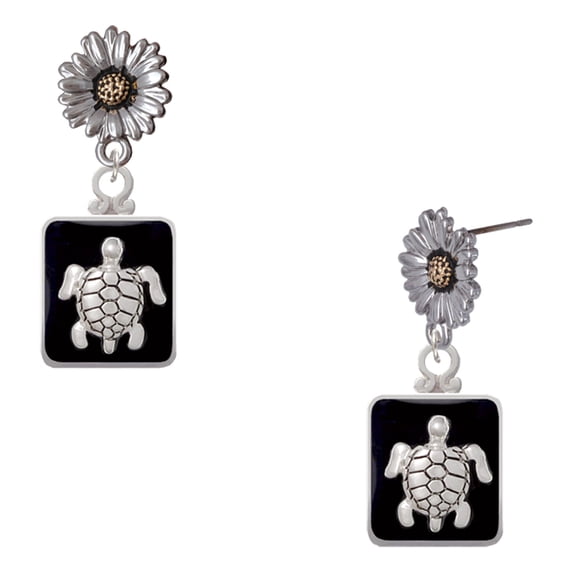 Delight Jewelry Silver-tone Turtle on Black Frame - Two-tone Daisy Flower Post Earrings