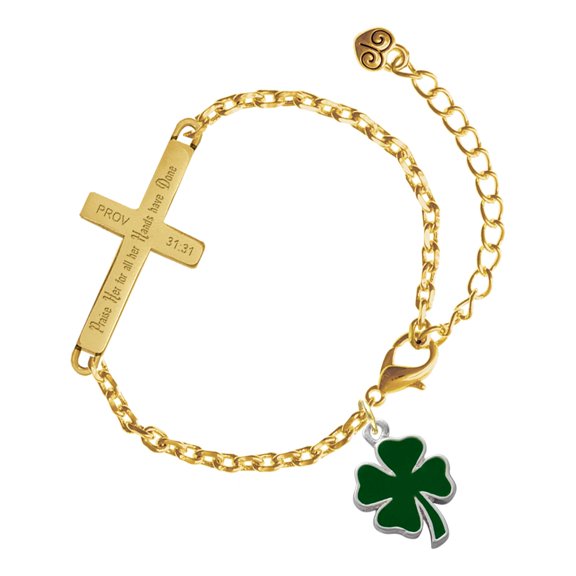 Delight Jewelry Silver-tone Two Sided Green Enamel Lucky Four Leaf Clover - Gold Tone Proverbs 31:31 Praise Her for all Her Hands have Done Engraved Cross Charm Bracelet, 6.5+1.5" Extender