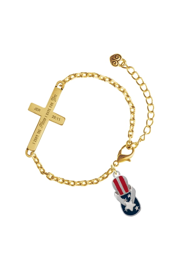 Silver-tone USA Patriotic Flip Flop with White Star - Gold Tone Jeremiah 29:11 I Have Plans for You Engraved Cross Charm Bracelet, 6.5+1.5" Extender