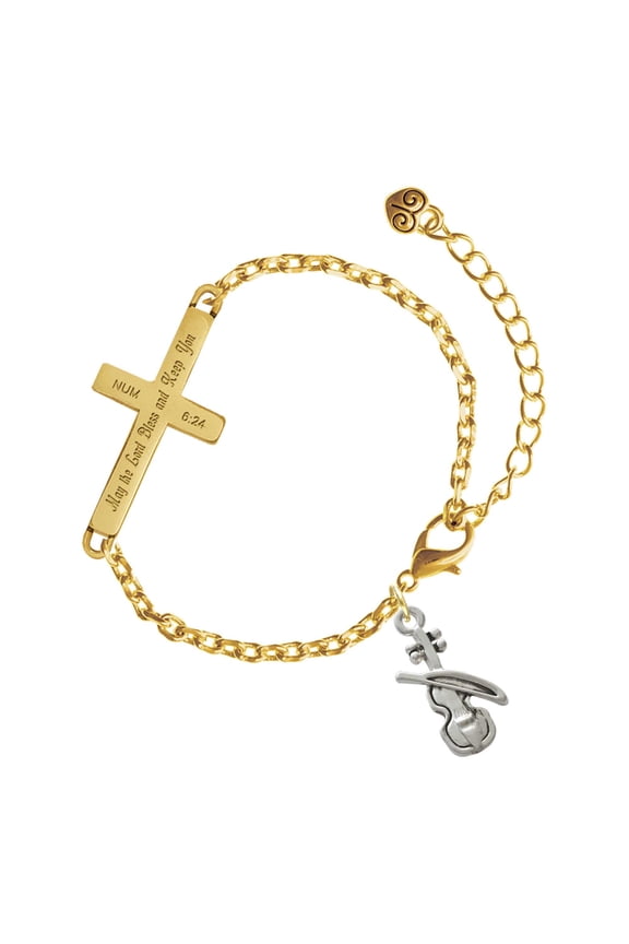 Silver-tone Violin - Gold Tone Numbers 6:24 May the Lord Bless You Engraved Cross Charm Bracelet, 6.5+1.5" Extender