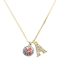 Delight Jewelry Silver-tone Volleyball - ''Set It'' - Large Goldtone Crystal Initial - A - Charm Necklace, 17.5" 2"