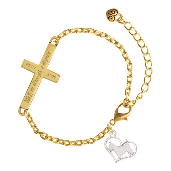 Delight Jewelry Silver-tone Westie Silhouette Heart - Gold Tone Proverbs 31:25 She is Clothed with Strength and Dignity Engraved Cross Charm Bracelet, 6.5+1.5" Extender