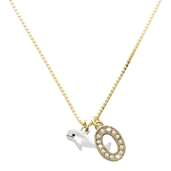 Delight Jewelry Large Goldtone Crystal Initial Necklace, featuring Silver Tone Whale Charm, 17.5"+2", O