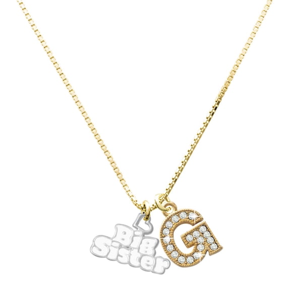 Delight Jewelry Silver-tone White ''Big Sister'' with Heart and a Large Goldtone Crystal Initial G Charm Necklace, 17.5"+2"