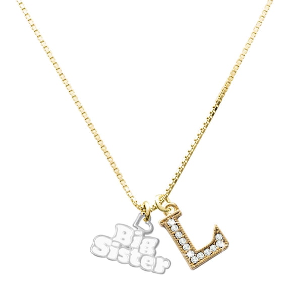 Delight Jewelry Silver-tone White ''Big Sister'' with Heart - Large Goldtone Crystal Initial - L - Charm Necklace, 17.5"+2"