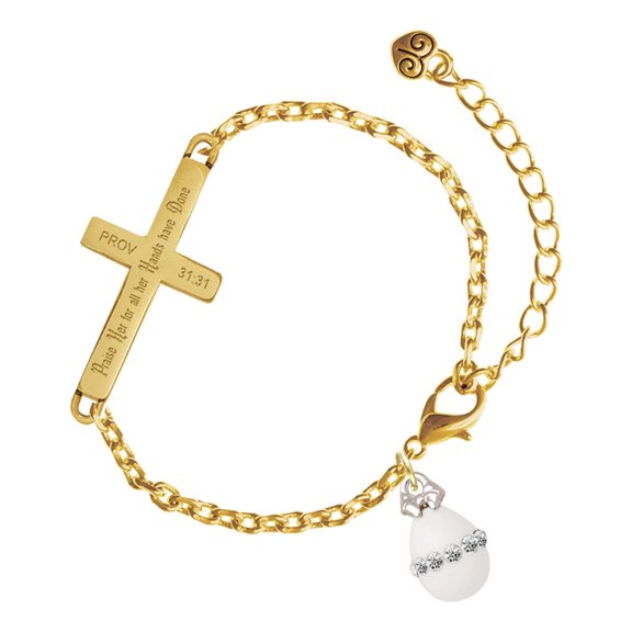 Delight Jewelry Silver-tone White Easter Egg with Clear Crystal Band - Gold Tone Proverbs 31:31 Praise Her for all Her Hands have Done Engraved Cross Charm Bracelet, 6.5+1.5" Extender