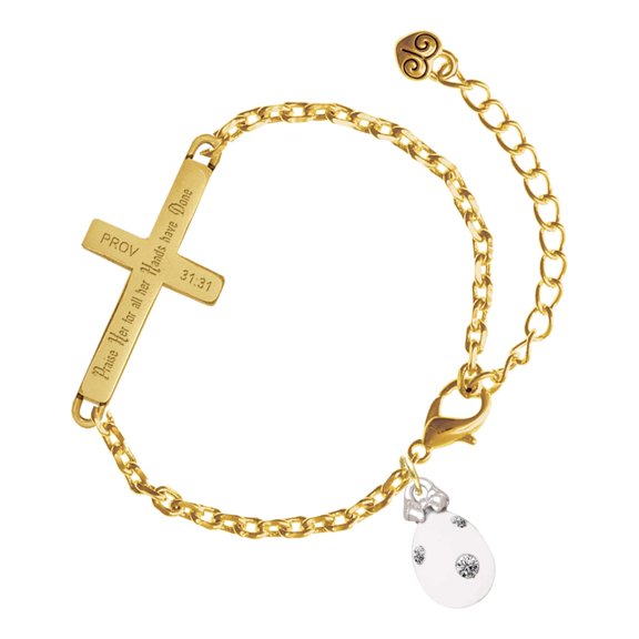 Delight Jewelry Silver-tone White Easter Egg with Clear Crystal Dots - Gold Tone Proverbs 31:31 Praise Her for all Her Hands have Done Engraved Cross Charm Bracelet, 6.5+1.5" Extender