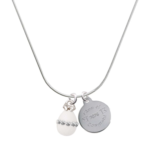 Delight Jewelry Silver-tone White Easter Egg with Clear Crystal Band - Engraved Congrats Class of 2026 Charm Necklace, 18"