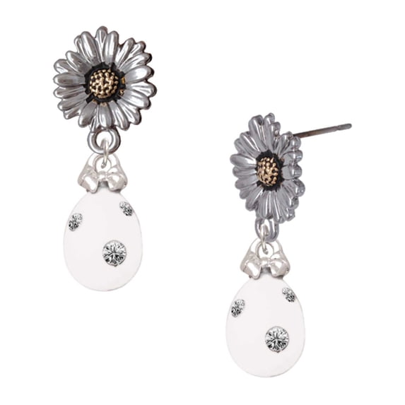Delight Jewelry Silver-tone White Easter Egg with Clear Crystal Dots - Two-tone Daisy Flower Post Earrings