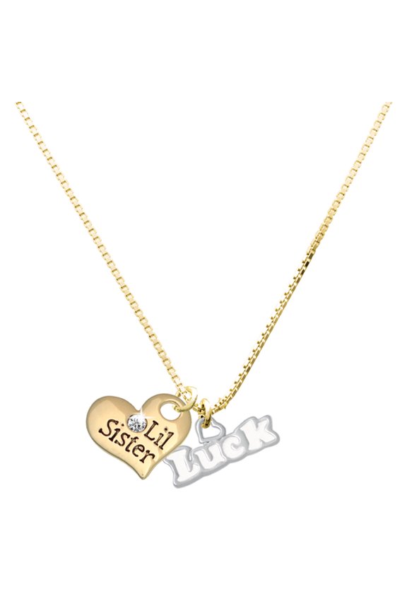 Silver-tone White ''Luck'' with Heart - Large Goldtone Lil Sister Heart Charm Necklace, 17.5"+2" Extender
