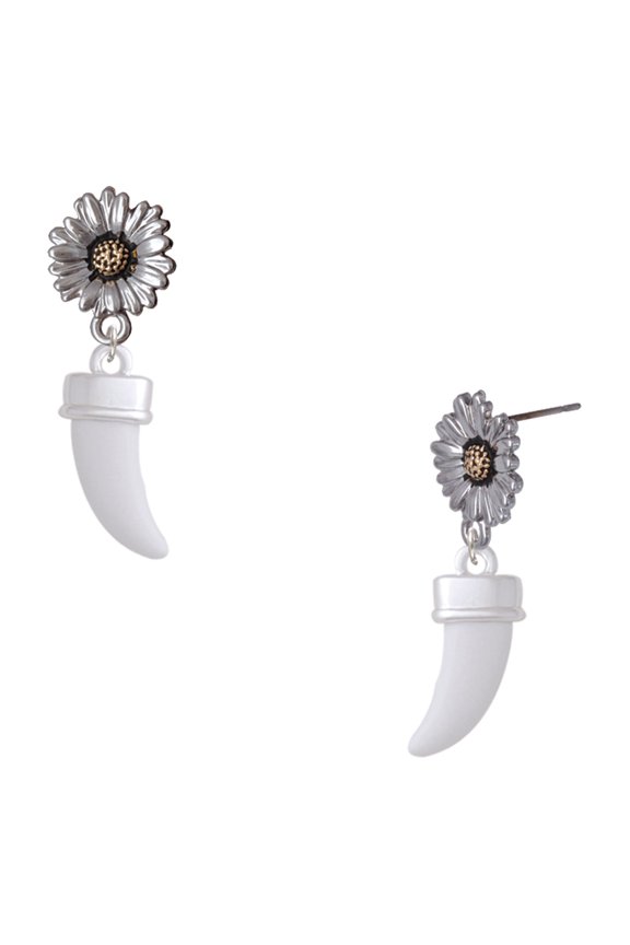 Silver-tone White Lucky Tiger Tooth - Two-tone Daisy Flower Post Earrings