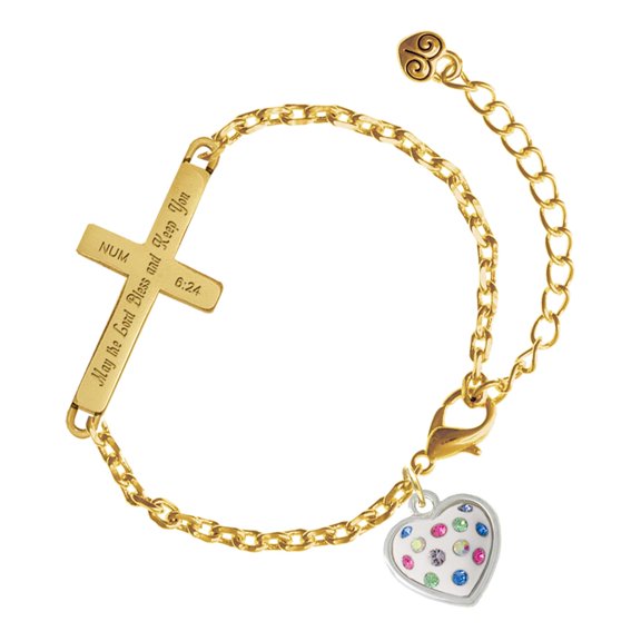 Delight Jewelry Silver-tone White Resin Heart with Spring Crystals - Gold Tone Numbers 6:24 May the Lord Bless You Engraved Cross Charm Bracelet, 6.5+1.5" Extender