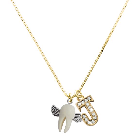 Delight Jewelry Silver-tone White Tooth with Wings - Tooth Fairy - Large Goldtone Crystal Initial - J - Charm Necklace, 17.5"+2"