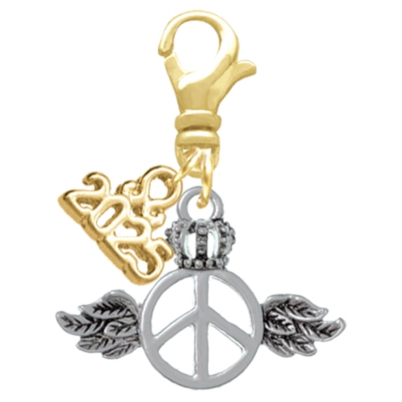 Delight Jewelry Silver-tone Winged Peace Sign with Crown - Gold-tone Clip on Charm with Mini Year 2025