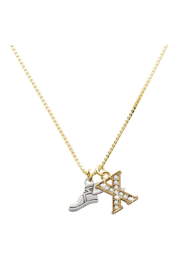 Silver-tone Winged Shoe - Mascot - Large Goldtone Crystal Initial - X - Charm Necklace, 17.5"+2"