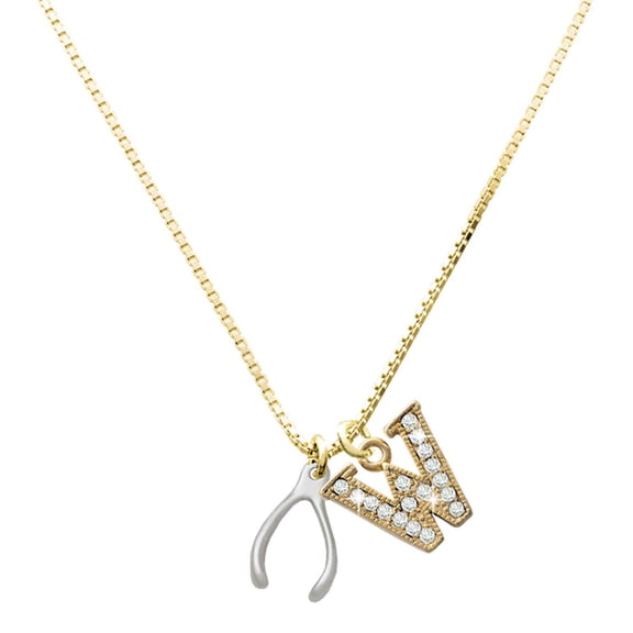 Delight Jewelry Silver-tone Wishbone - Large Goldtone Crystal Initial - W - Charm Necklace, 17.5"+2"