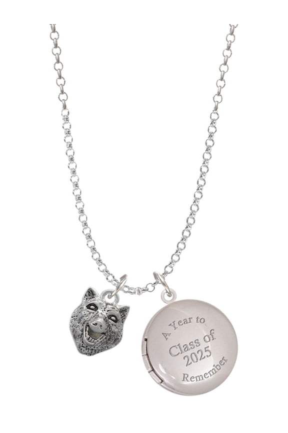 Silver-tone Wolf Head - Class of 2025 Year to Remember Locket Charm Necklace, 19+2" Extender