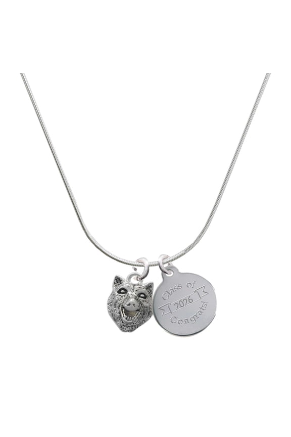 Silver-tone Wolf Head - Engraved Congrats Class of 2026 Charm Necklace, 18"